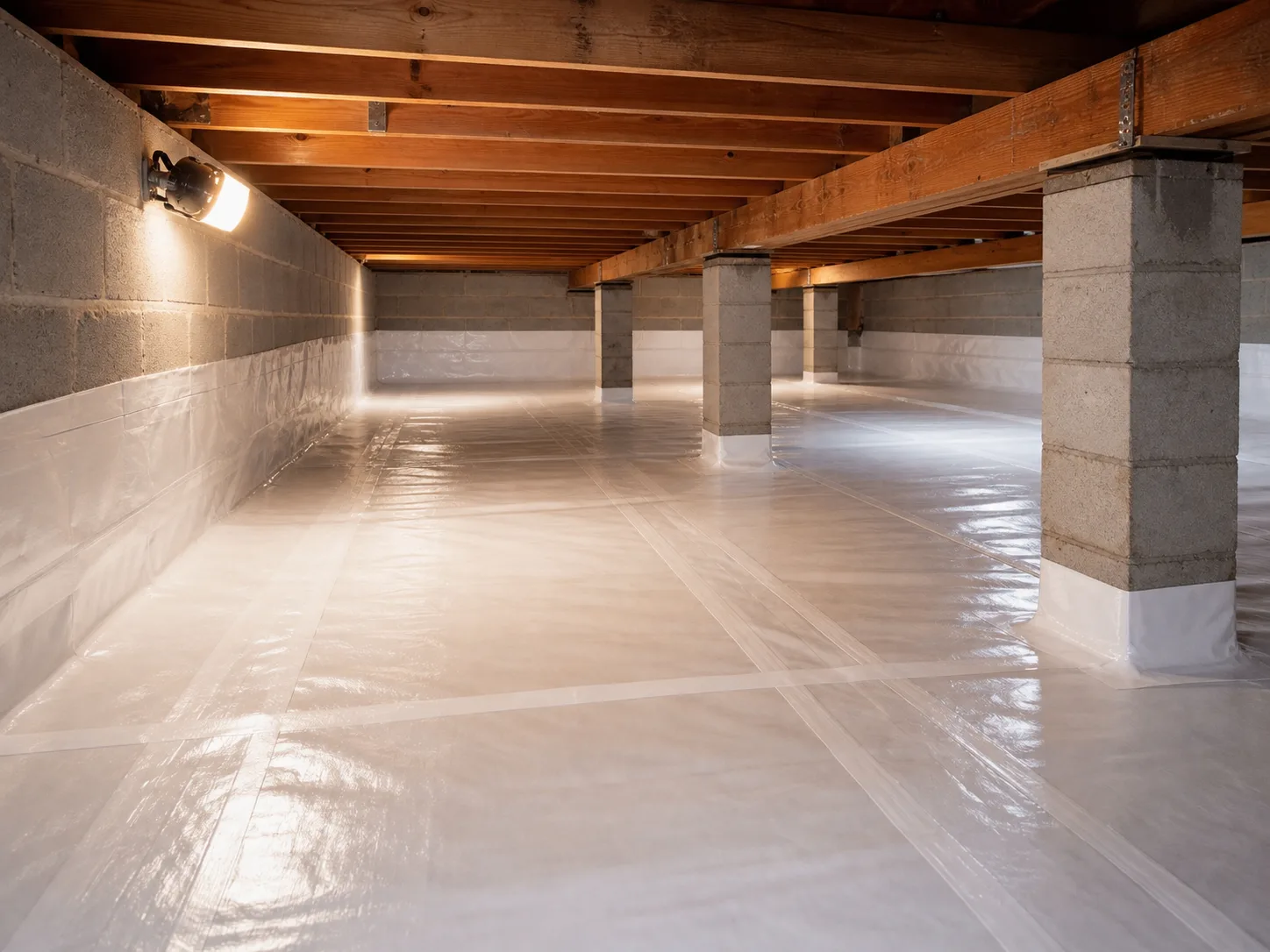 Installed crawl space vapor barrier with taped seams