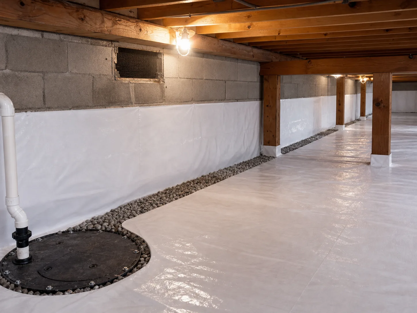 Waterproofed crawl space with sump pump and vapor barrier